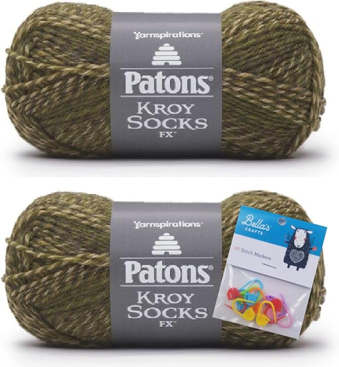 Patons Kroy Socks FX Yarn 2-Pack Bundle with Bella's Crafts Stitch Markers (Mossy Colors)