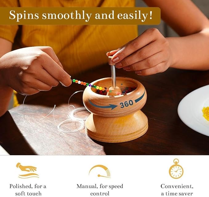 SHOP LC DELIVERING JOY Seed Bead Spinner for Jewelry Making Kit - Clay Bead Spinner with Big Eye Beading Needle & 3 Meter Wire - Necklace Bracelet Maker Wooden - Birthday Gifts - Pinewood