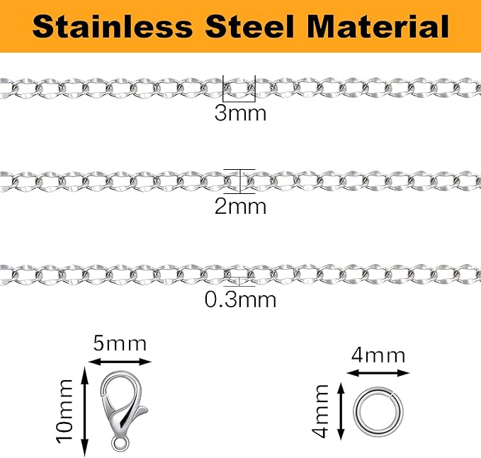 jishi 33ft twisted cable chain 2mm silver stainless steel link chain, jewelry making supplies necklace bracelet extender, diy craft earring findings, metal link chain roll w/lobster clasps, jump rings