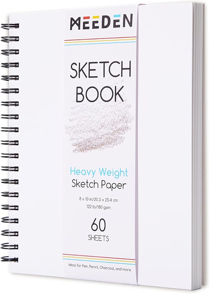 meeden 8"x10" sketchbook paper pad: 122lb/180gsm spiral bound art sketch book with diy cover for artists adults - 60 sheets heavy weight hardcover sketch drawing paper for painting sketching writing