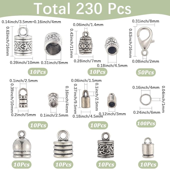 SUNNYCLUE 1 Box 230pcs Silver Cord End Kumihimo Bracelet Ends Antique Silver Alloy Metal Glue In Crimp Tassel Leather Cord String End Caps with Lobtser Clasp And Jump Ring for Jewelry Making Kit Craft