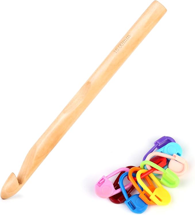 Wooden Crochet Hooks, 15mm Wooden Handle Crochet Hook Bamboo Knitting Crochet Needles with 10 pcs Knitting Stitch Markers for Handcraft Crocheting