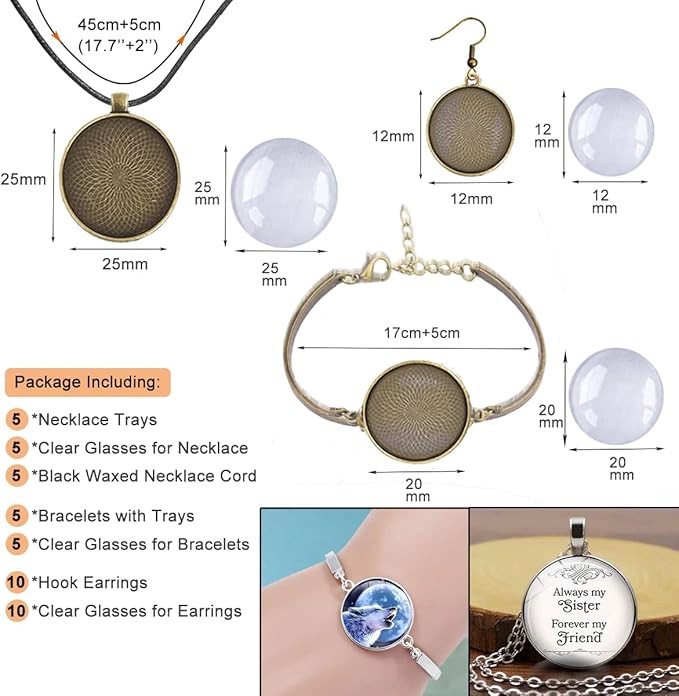 Pendant Trays Kit with Cabochon Glass, Round Pendant Bezel Blank Trays, Bracelet Bangles Earrings Hooks Blanks for DIY Photo Crafts Jewelry Making