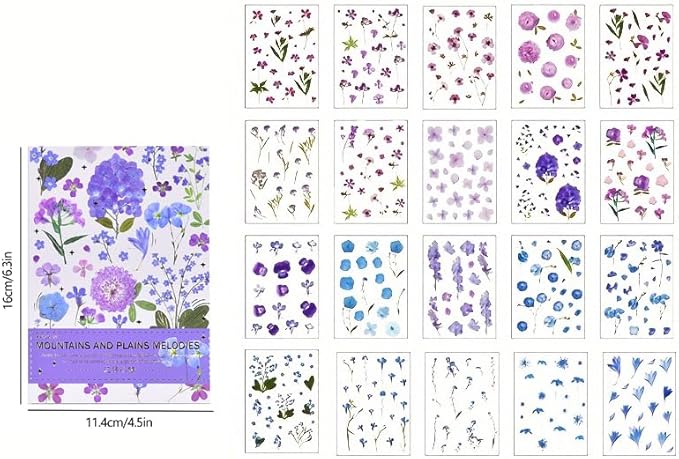 400PCS Plants Floral Scrapbook Stickers Kit Purple Flowers Transparent Waterproof Stickers Book for Scrapbooking Supplies Aesthetic Junk Journal Journaling Craft 20-Page