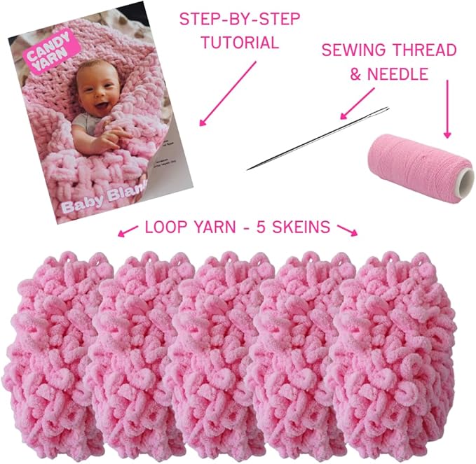 Beginner Craft Kit – Easy Loop Yarn Baby Blanket Kit for Adults & Kids, DIY Arm Knitting Kit with Soft Chenille Yarn, Perfect Handmade Gift (Pink)