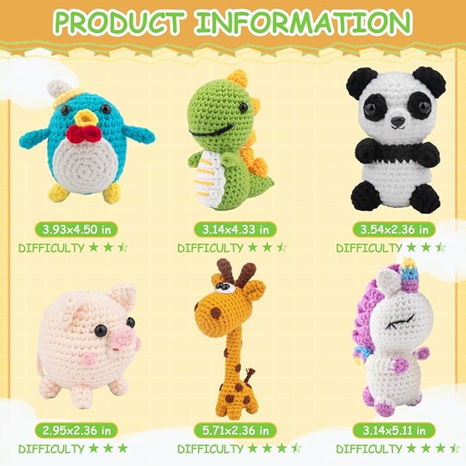 KIECIK 6Pcs Crochet Kit for Beginners, Crochet Animal Kits，Knitting Kit for Adults with Step by Step Videos Tutorials, Knitting Kit Great Birthday Holiday Gift, DIY Keychain Pendants(Set -02)