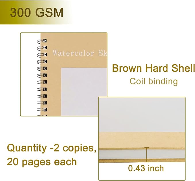 Set of 2, Each with 20 Sheets, 7.5 x 5.1 Inches, 140 lb Cold Press Watercolor Paper, 1150 GSM Brown Hard Cover, Spiral Bound, White Pages for Drawing and Painting