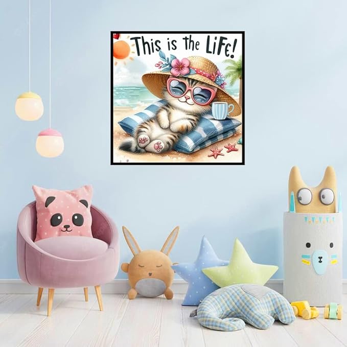 ijbnhd Diamond Art Kits for Adults,5D Cute Cat Diamond Painting Kits for Adults Beginners, DIY Full Round Drill Seaside Gem Arts Craft for Home Wall Decor 14 X 14Inch
