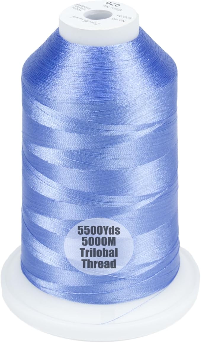 Simthread Trilobal Polyester Thread – 5000M (5500yds) No.40 – Super Sheen, Tangle-Free – Built-in Thread Lock Spool – Compatible with Brother, Singer, Janome & More, Cornflower Blue-070