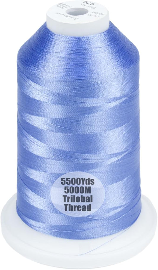 Simthread Trilobal Polyester Thread – 5000M (5500yds) No.40 – Super Sheen, Tangle-Free – Built-in Thread Lock Spool – Compatible with Brother, Singer, Janome & More, Cornflower Blue-070