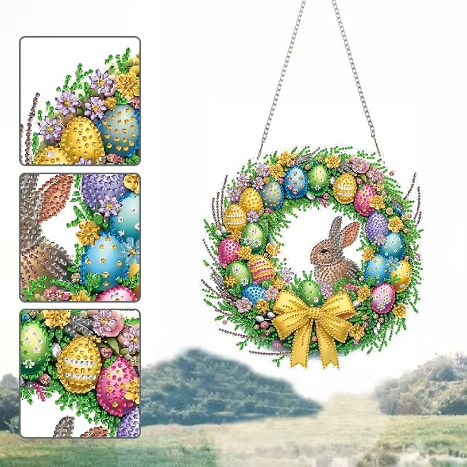 Rabbit Easter Egg Diamond Art Hanging Kit for Adult,Special Shaped Rhinestone,Double Sided DIY Acrylic 5D Diamond Art Painting Window Pendants Home Garden Wall Hanging Kits Ornament 9.44inch