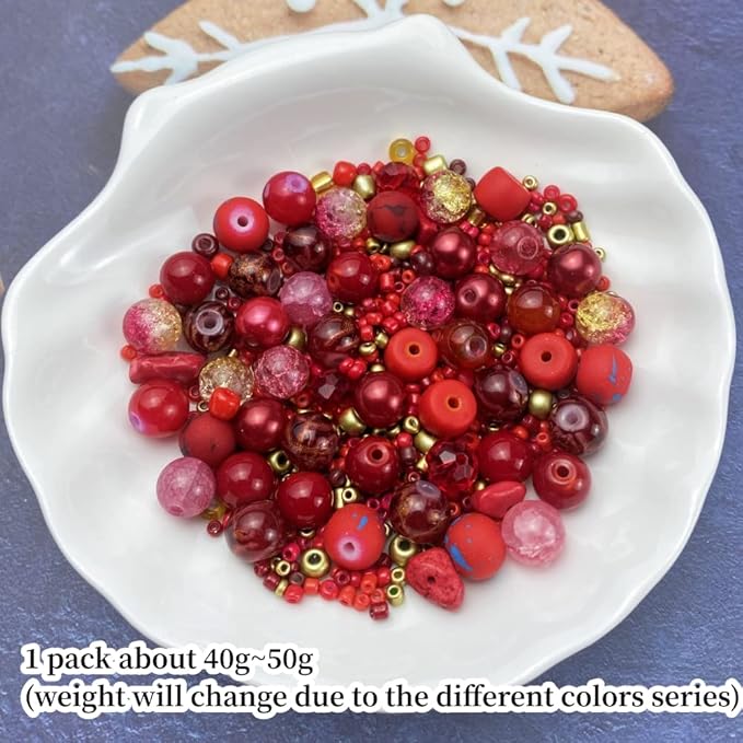 Assorted Glass Resin Beads Multi Size Colors Smooth Cracked Gravel Millet Spacer Beads for Bracelets Necklace Earring DIY Jewelry Making Craft(Red Series)