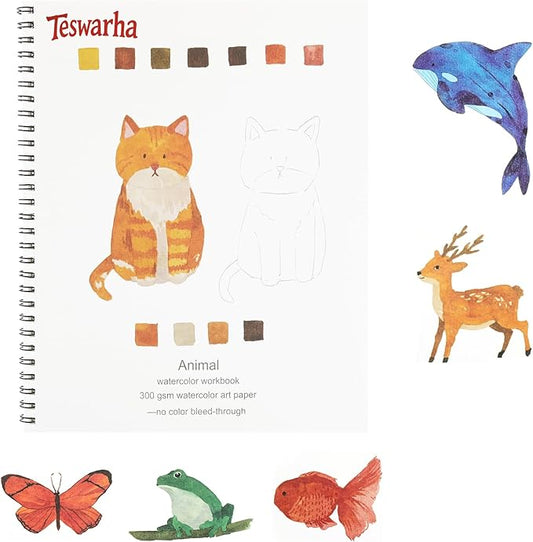 Teswarha Watercolor Workbook Using Thick Real Cotton Watercolor Paper for Adults Teens Spiral Bound 300GSM Art Paper 12 Sheets Animals 8.2 x 9.8in