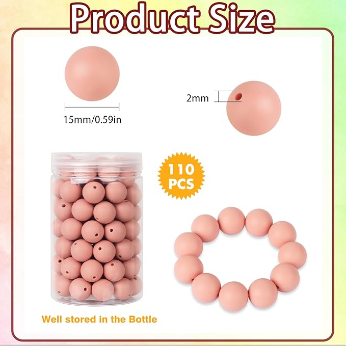 110 Pcs Silicone Focal Beads, EVERMARKET 15mm Silicone Beads for Keychain Making, Round Silicone Beads Bulk with Bottle, Rubber Loose Beads for Pens Crafts Necklace Bracelet Lanyard (Dark Pink)