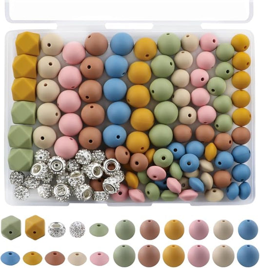 120Pcs Multicolor 12mm 15mm Silicone Beads for Keychain Making, 14mm Hexagon Beads Rhinestone Round Spacer 10mm for DIY Handicrafts(Mustard)