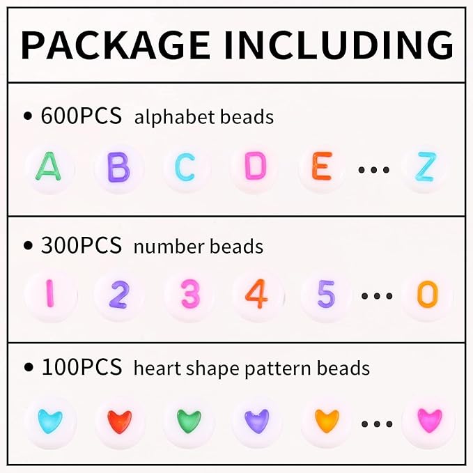 Yochus 1000pcs White Mixed Round Acrylic Beads 4x7mm Colorful Alphabet Number Beads Heart Shape Bead for Jewelry Making and DIY Bracelets