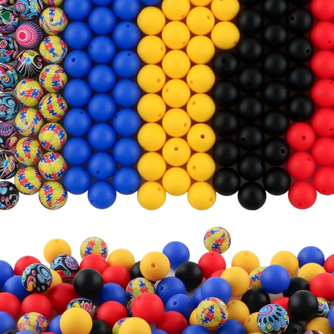 150Pcs Mixed Color 15mm Silicone Beads for Keychain Making, Red Black Medical Print Silicone Beads for Pens and Bracelet Making