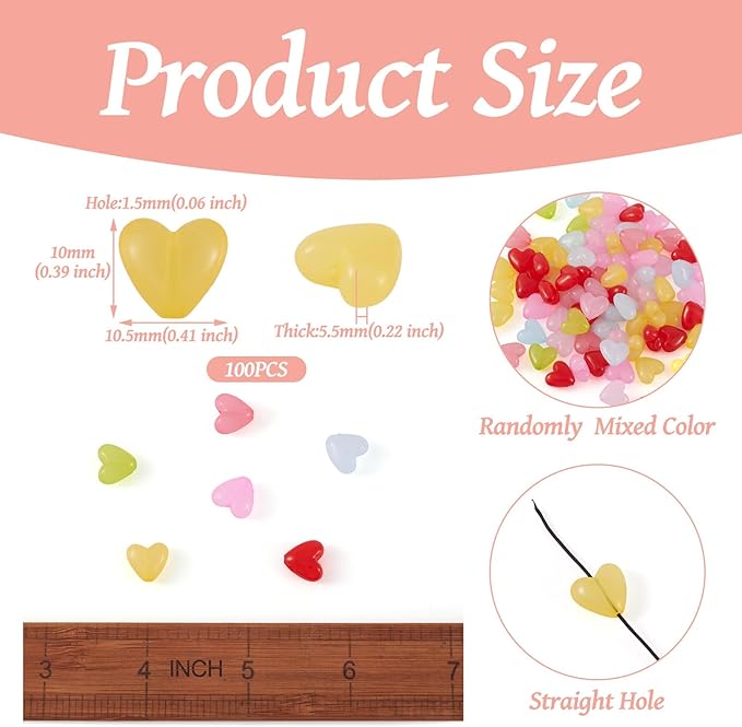 FASHEWELRY 100pcs Mini Clear Acrylic Heart Beads Dyed Colorful Heart Shape Spacer Beads Mixed Color Acrylic Loose Bead Bulk for Bracelet Necklace Earring Jewelry Making