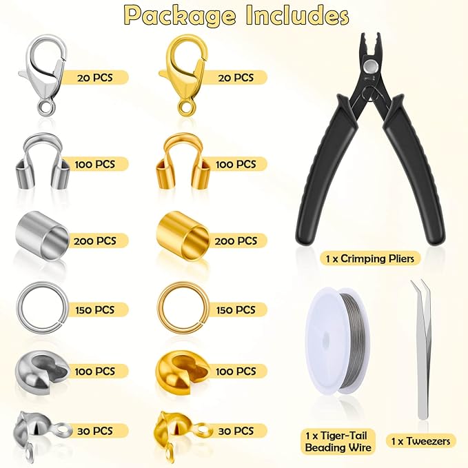 Acejoz 1200 Pcs Crimp Beads Supplies for Jewelry Making, Including Crimp Covers, Crimp Tubes and Wire Guardians, Lobster Clasps, Jump Rings, Crimping Pliers and Beading Wire for Bracelets Making