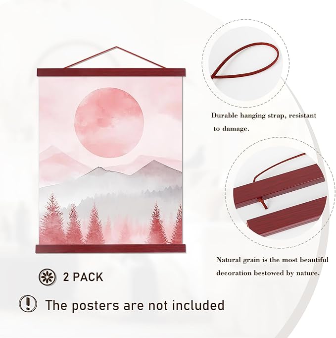 Artmag 2 Pack Magnetic Poster Hanger Frame, 36x24 36x48 36x12 Light Wood Wooden Magnet Canvas Artwork Print Dowel Poster Hangers Frames Hanging Kit (Mahogany, 36",2 Packs)