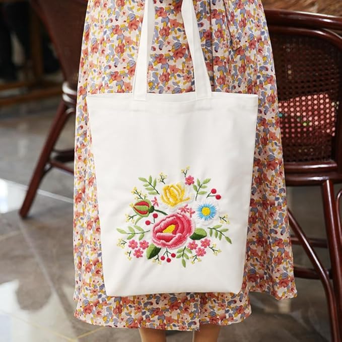 CREAWONDER Canvas Tote Bag Embroidery Kit with Pattern for Beginners, Arts and DIY Embroidery Crafts Kits for Adults, Include Instructions, Thimble, Embroidery Hoops, Color Threads and Tool