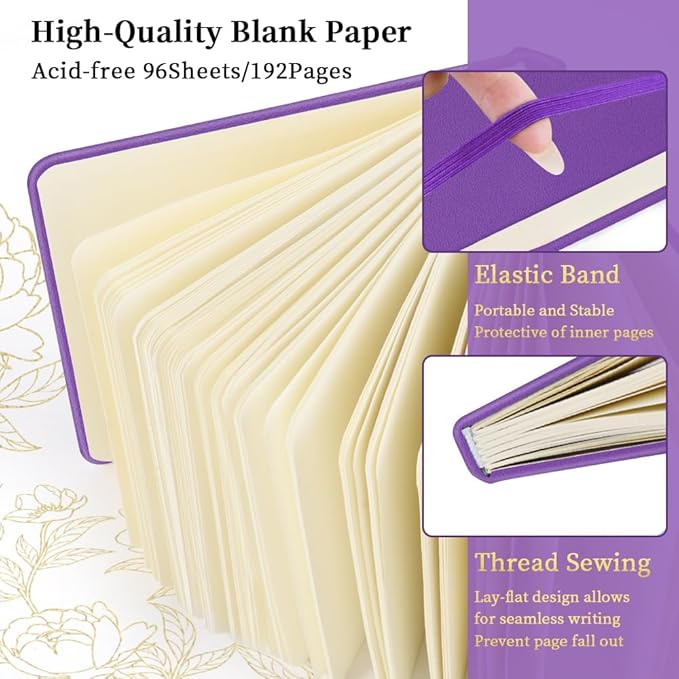 Square 5x5 inches 80gsm 96sheets/192 Pages Notebooks Blank Sketchbooks Travel Journal Pocket Hardcover Paint Writing Diary Memo Planner PU Leather Cover. Purple