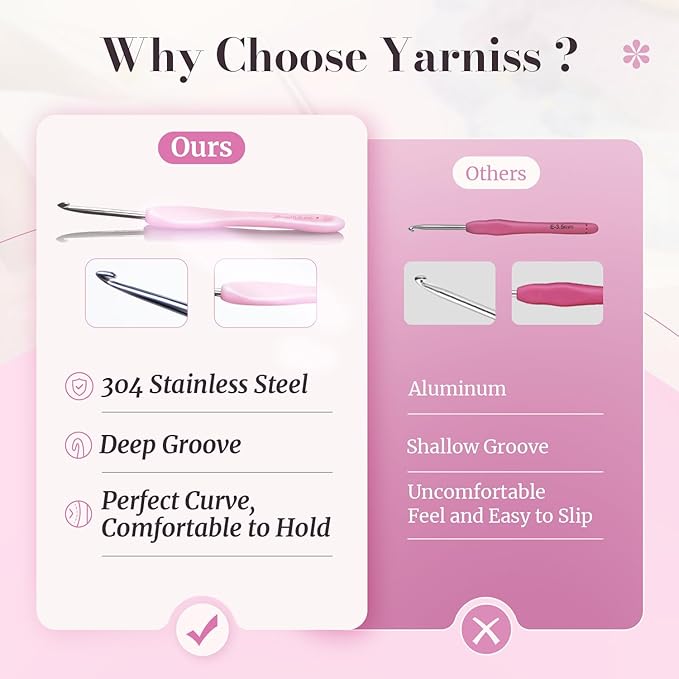 Yarniss Apex Stainless Steel Crochet Hooks Set 3.0mm-6.0mm,Hand-Polished Crochet Hooks with Ergonomic Handle for Beginners, Gift for Crocheter