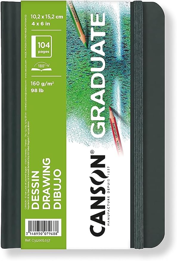 Canson Graduate Drawing Paper, Hard Cover Art Journal, 4x6 inches, 52 Sheets — Artist Paper for Pencil, Ink, Pen, Marker Illustration