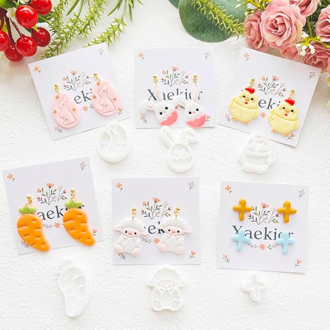Easter Polymer Clay Cutters Set - 12pcs Sharp & Durable Bunny, Chick, Egg & Lily Shapes for DIY Earring Jewelry Making, Soft Clay Crafts & Spring Holiday Supplies