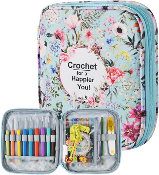 Crochet Hook Case,Portable Zipper Storage Organizer Bag for Crochet Hooks, Knitting Needles, Project & Sewing Supplies, Lightweight,Easy to Hold (No Accessories Included).Blue Summer Flower