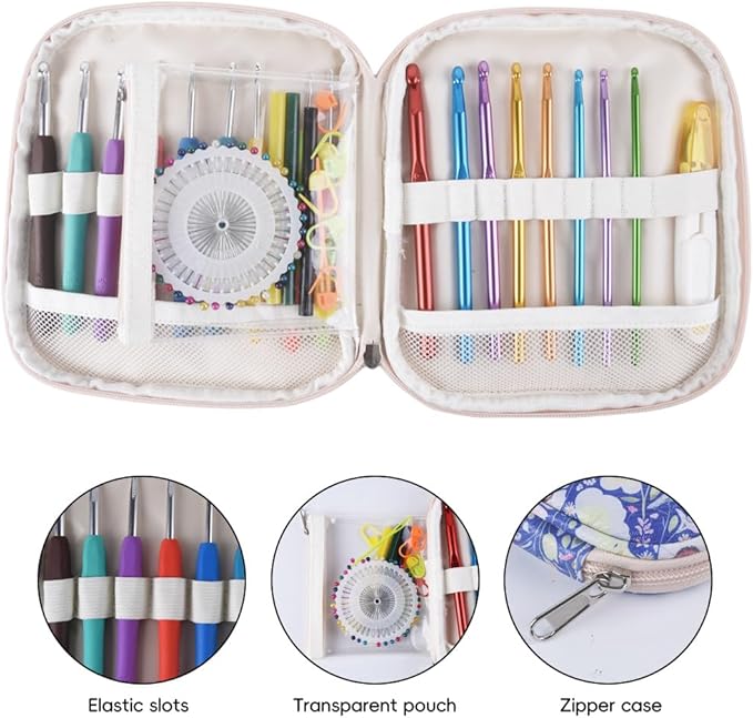 Crochet Hook Case,Portable Zipper Storage Organizer Bag for Crochet Hooks, Knitting Needles, Project & Sewing Supplies, Lightweight,Easy to Hold (No Accessories Included).Royal Blue Flowers