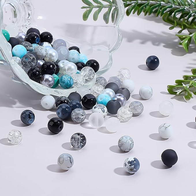 1080pcs 8mm Glass Beads 24 Color Black Bracelet Beads Round Crystal Glass Bead Marble Rosary Loose Bead for Bracelet Necklace Jewelry Making Supplies Women Men Eid Mubarak Ramadan Decoration