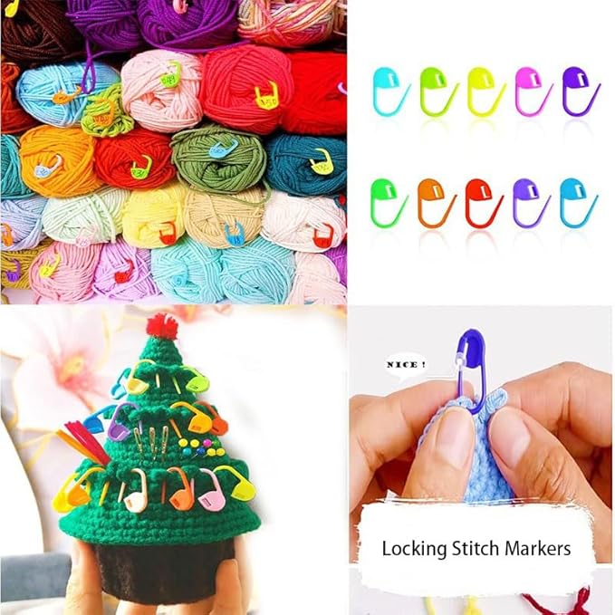 Ubuymart Crochet Ring 5 Pack Knitting Crochet Ring for Finger, with 50pcs(Color Ship Randomly) Knitting Crochet Locking Stitch Markers, Adjustable Crochet Stuff Ring Crochet Accessories- Multicolor