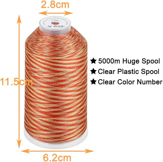 New brothread - Single Huge Spool 5000M Each Polyester Embroidery Machine Thread 40WT for Commercial and Domestic Machines - Variegated Color-V-020