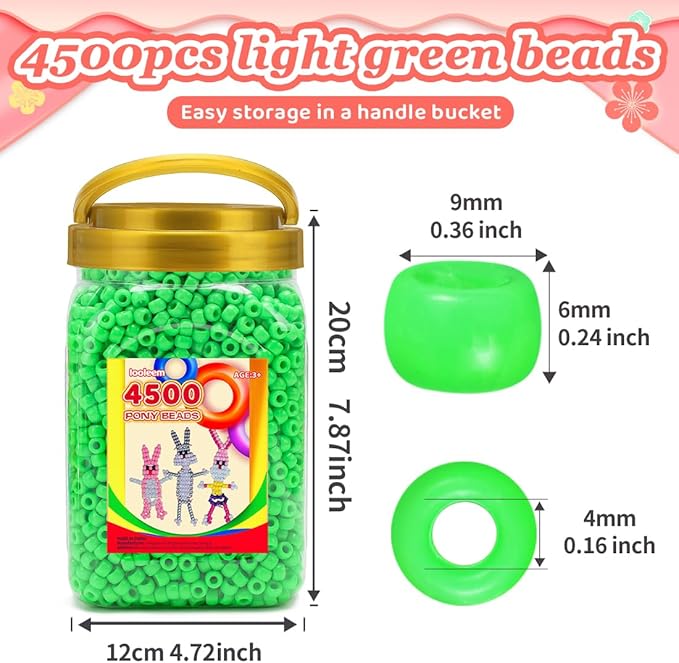 iooleem pony beads(4500pcs light green pony beads), beads for bracelets making, crafts, beading supplies, friendship bracelets making.
