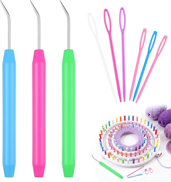 3 Pack Knitting Loom Hooks Set with Soft Ergonomic Handle, Professional Loom Pick Tool & Crochet Hook Needle with 6 Large-Eye Needles (2 Sizes) for Knitting Loom, Essential Knit Picker Accessories