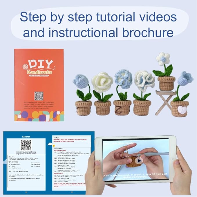 Blue Mini Crochet Flower Plant Kit | Create a Soothing Desktop Garden Decor | Beginner Friendly DIY Craft with Video Tutorial | Calming Gift Idea