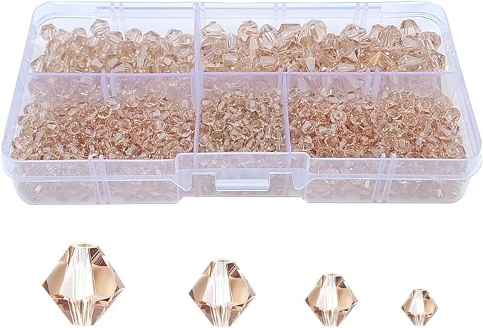 Silver Champagne Bicone Glass Beads for Jewelry Making, Faceted Crytal Spacer Beads for Bracelet Necklace Earring (3mm 4mm 6mm 8mm Mixed Sizes, 1040pcs)