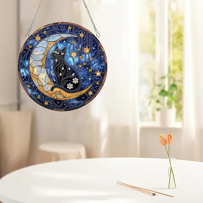 hyzsj DIY Hanging Diamond Art Pendant Painting Kit Cat,Acrylic 5D Moon Painting Window Pendants, Special Crystal Gem Craft Painting Kit Ornament