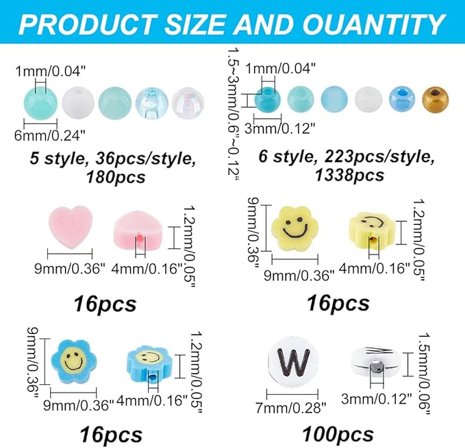 arricraft 1666 Pcs Bracelet Making Kit, Glass Acrylic Round Beads, Polymer Clay Heart Spacer Beads, Flower Face Beads Flat Round Letter Alphabet Beads and Pendant Charms for Jewelry Making