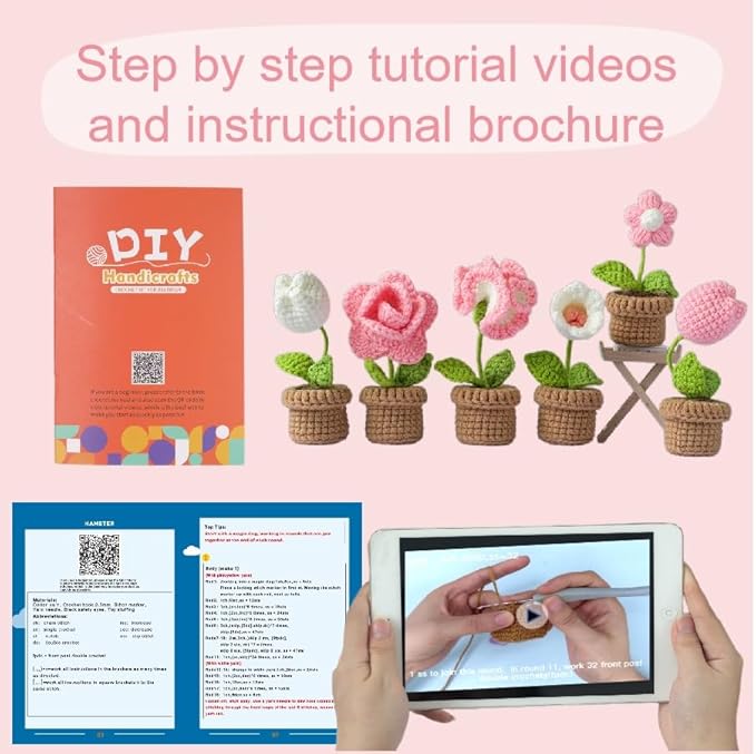 Crochet Set - Beginner Friendly Crochet Set with Step-by-Step Teaching Videos and Crochet Pattern Manuals (Pink Small Potted Plant)
