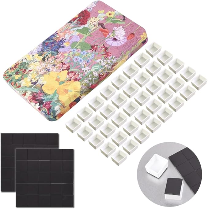 40Pcs Empty Half Pans with Magnetic Stripe Watercolor Paint Travel Tin Palette Case, Artist Paints Half Pan Kits for DIY Watercolor Oils or Acrylics Painting Art Drawing Oil Painting Flowers