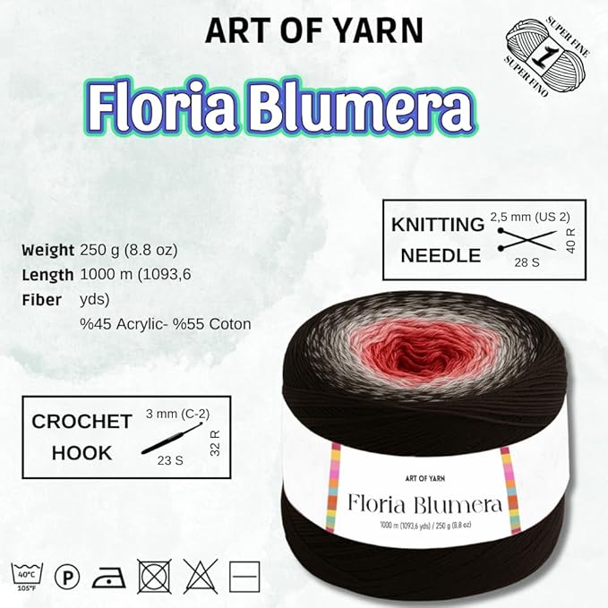 Floria Blumera Yarn 53% Cotton 43% Polyacrylic 1093.6 Yards Multicolor Gradient Yarn Cake for Knitting Crochet Spring Summer Ombre Rainbow Cotton (Black, Coral, red, Pack 1)
