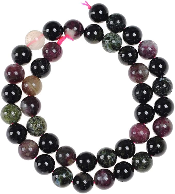 10mm Natural Colourful Tourmaline A Gemstone Round Loose Beads Crystal Stone Bracelet Necklace Accessories Crafts for Jewelry Making DIY,1 Strand 15"