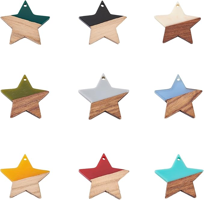 Beadthoven 18pcs/9 Pairs Natural Wood Resin Charms Small Star DIY Earrings Pendants Mixed Colors Wooden Pieces Pendants for Statement Jewelry Making Findings