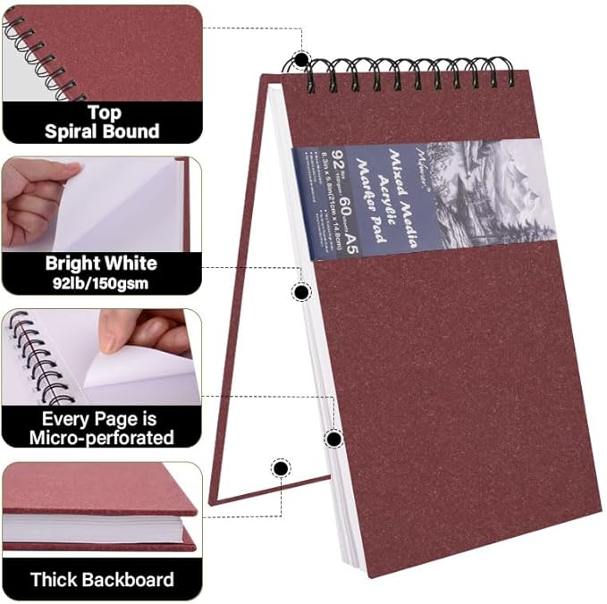 5.8" x 8.3" Mixed Media Sketch Book,Spiral Bound Hardcover Sketchbook,60 Sheets 92lb/150gsm Neutral White Acid Free Paper,Art Journal Sketchbook for Drawing Writing Sketching Illustration,Wine Red