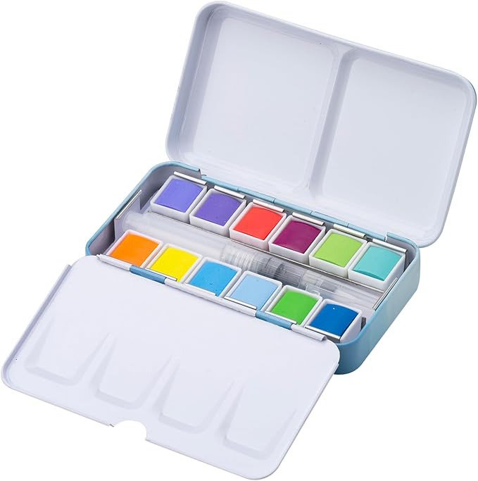 MEEDEN Pastel Watercolor Paint Set : 12 Colors Travel Watercolor Set with Brush in Half Pans - Portable Watercolor Paints for Adults & Artist