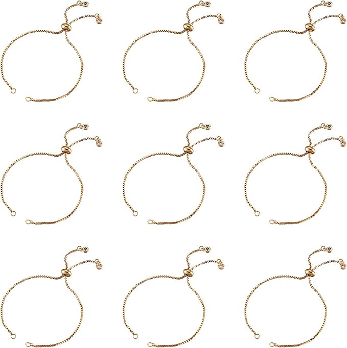 FASHEWELRY 10 Strands Adjustable Brass Bracelet Slider Extender Chains with Cubic Zirconia Ends 4-3/8" to 4-3/4"(110~120mm) Real 18K Gold Plated for DIY Jewelry Making