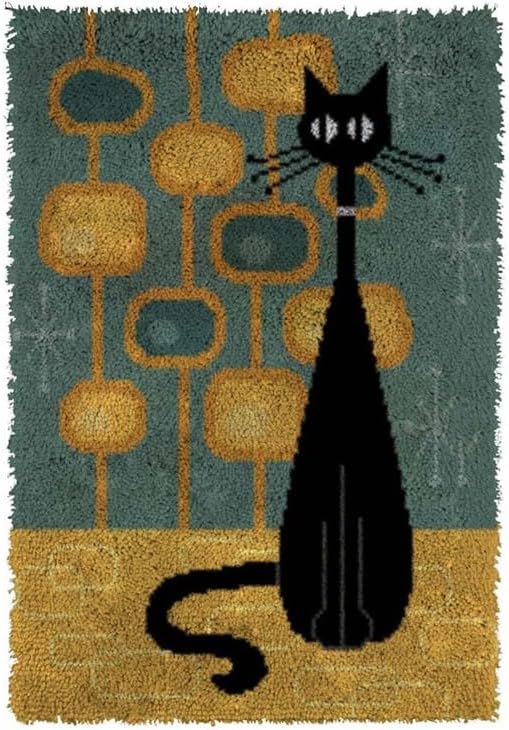 GLAECYY Latch Hook Kits Rug Crochet Yarn Kit Cushion Colour Pre-Printed Canvas Rug Needlework DIY Hook and Latch Kit (Black Cat)