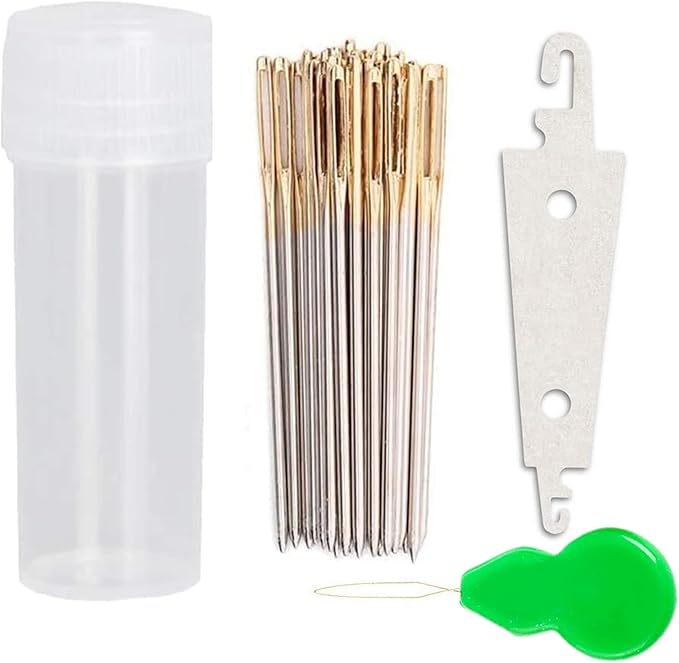 100pcs Cross Stitch Needles +2 Needle Threader Golden Color Large Eyes Cross Stitch DIY Embroidery Hand Needles Sewing Needles in Transparent Box (28#)